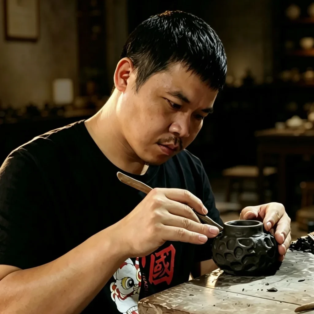 Ceramic artist Su Guobi working on a ceramic vessel