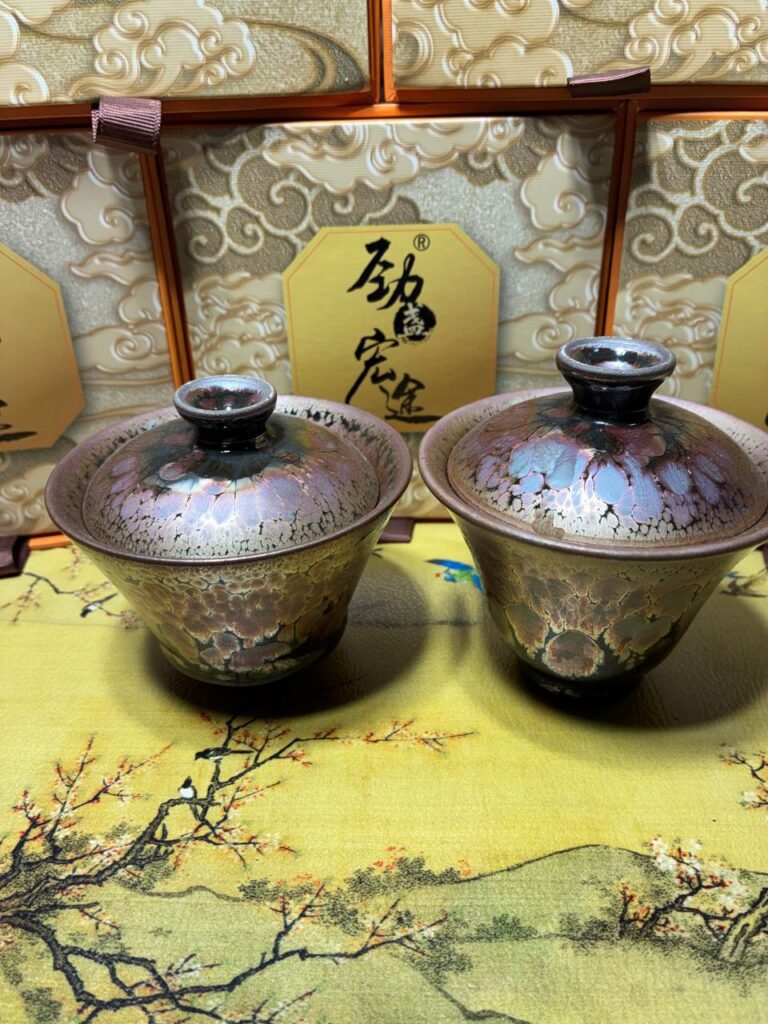 Twin Golden Violet Lidded Bowls
